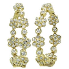 1.08 Carat Diamond Flower Hoop Yellow Gold Earrings