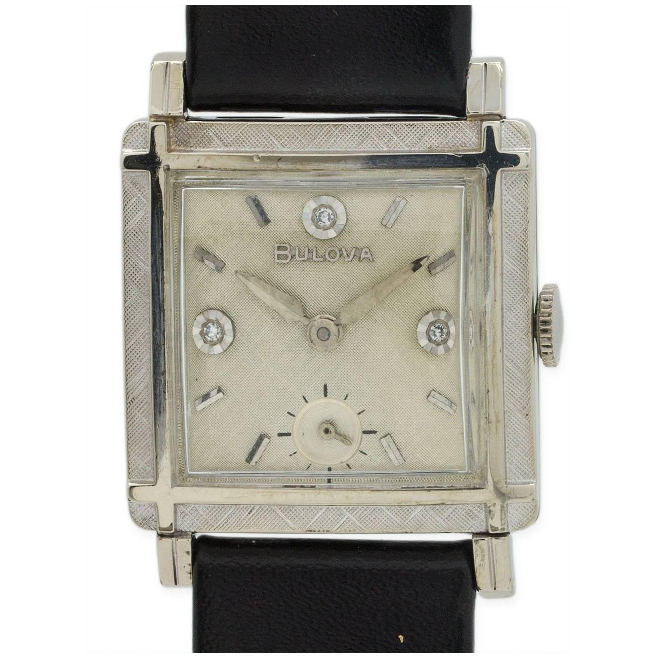 Bulova White Gold Diamond Florentine Bezel Manual Wristwatch, circa 1960