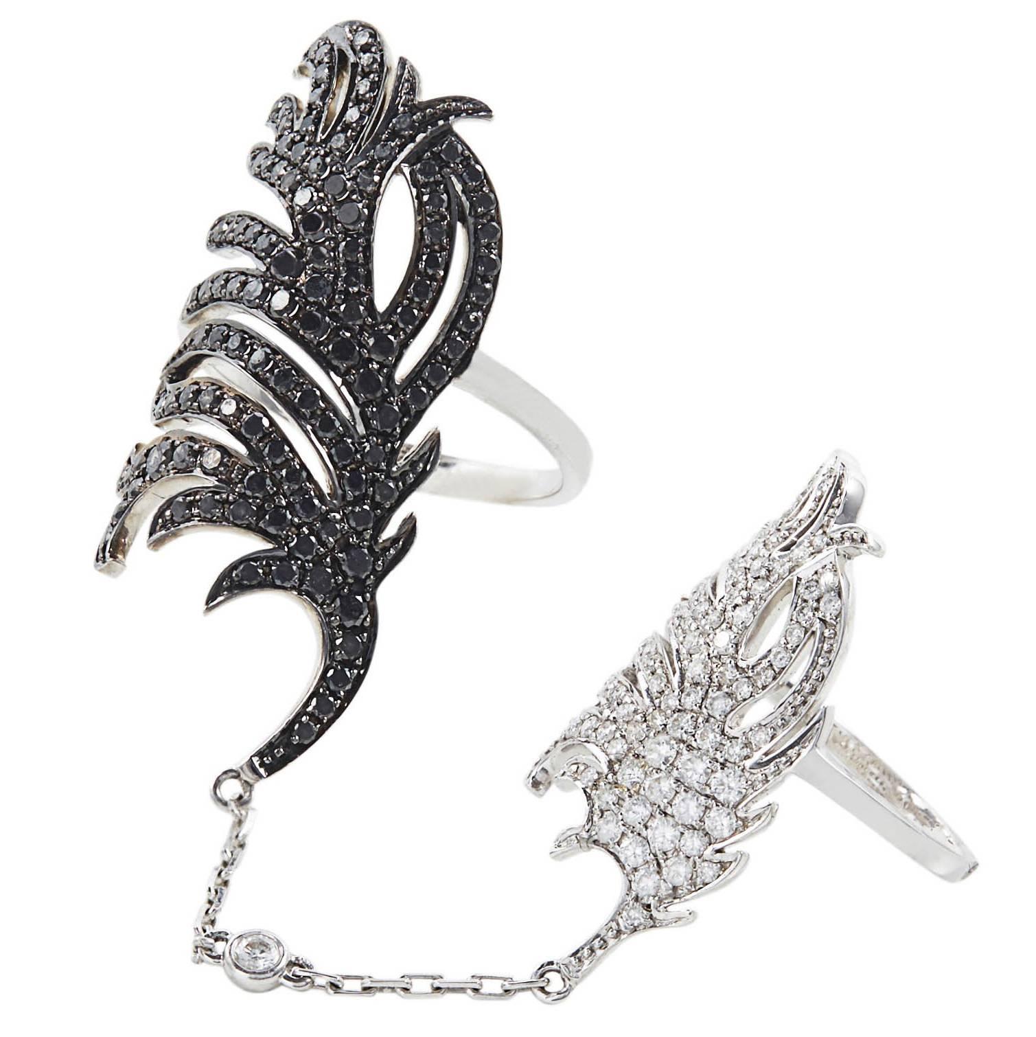 SAM.SAAB Feather Motif Diamond and White Gold Chain Ring For Sale