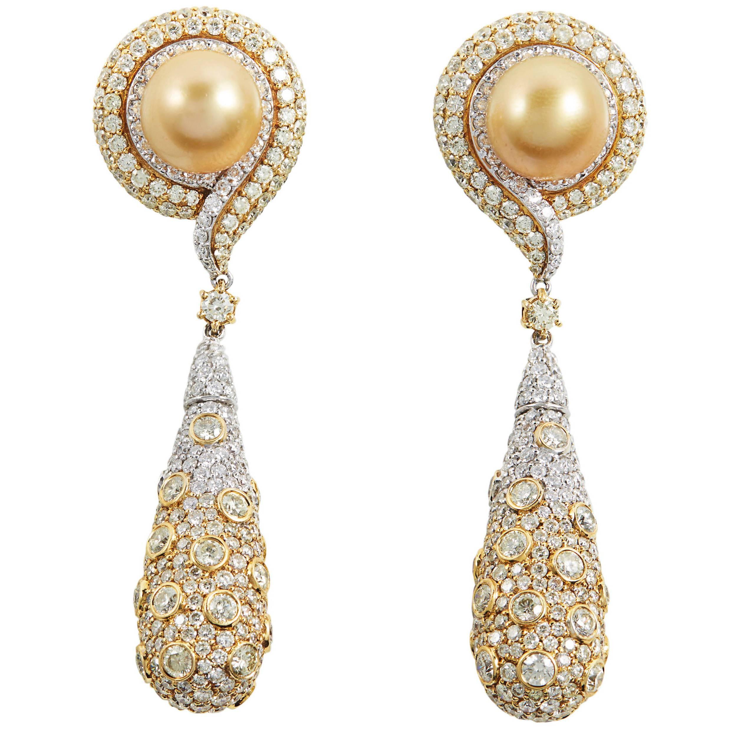 SAM.SAAB South Sea Pearl Diamond and Yellow Gold Drop Earring For Sale