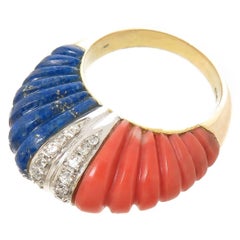 Diamond Coral and Lapis Midcentury Dome Ring