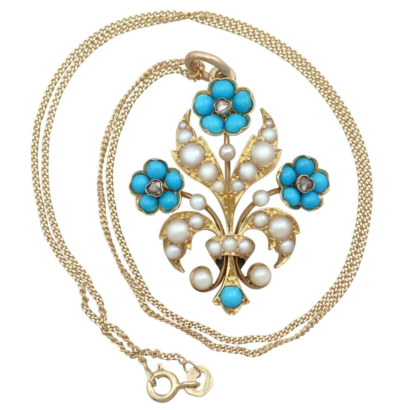 An exceptional Victorian turquoise and seed pearl, 0.12 Carat diamond and 15 karat yellow gold 'fleur-de-lis' pendant; part of our diverse antique jewelry collections.

This exceptional, fine and impressive antique fleur-de-lis pendant has been