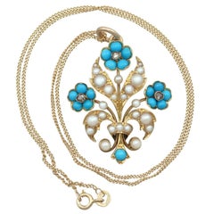 Antique Victorian Turquoise, Seed Pearl, Diamond and Yellow Gold Pendant