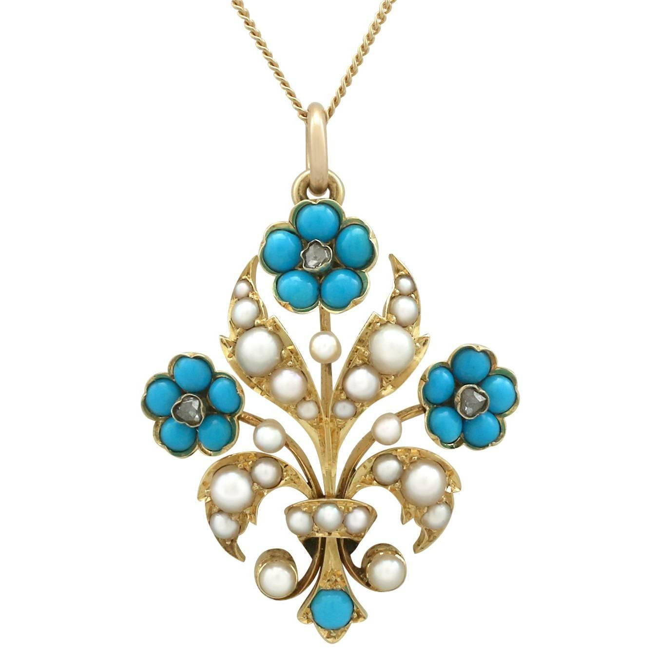 Antique Victorian Turquoise, Seed Pearl, Diamond and Yellow Gold Pendant