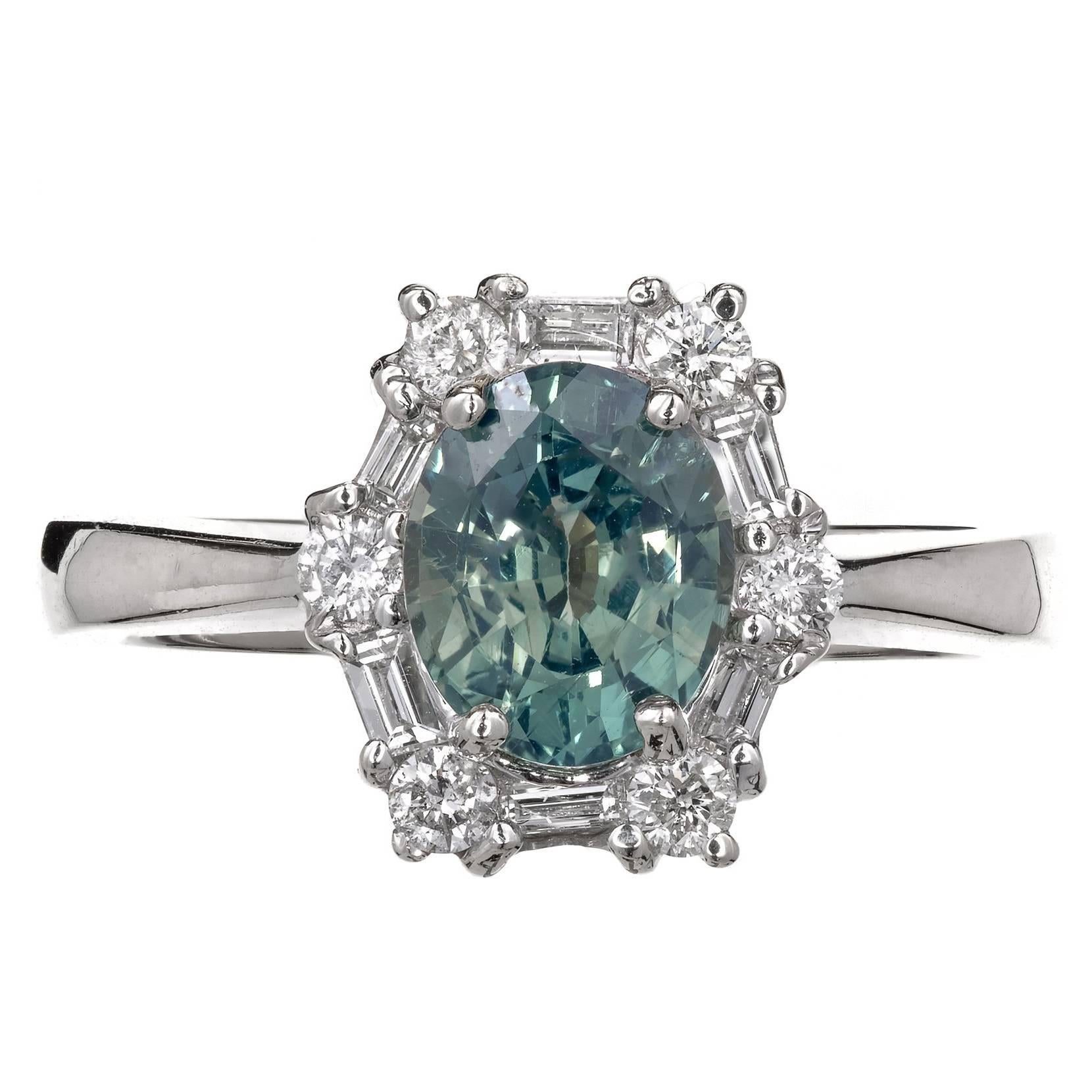 GIA Certified 1.54 Carat Natural Blue Green Sapphire Diamond Engagement Ring For Sale