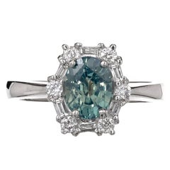 Vintage GIA Certified 1.54 Carat Natural Blue Green Sapphire Diamond Engagement Ring