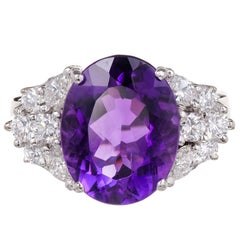 6.00 Carat Oval Bright Deep Purple Amethyst Diamond Gold Cocktail Ring