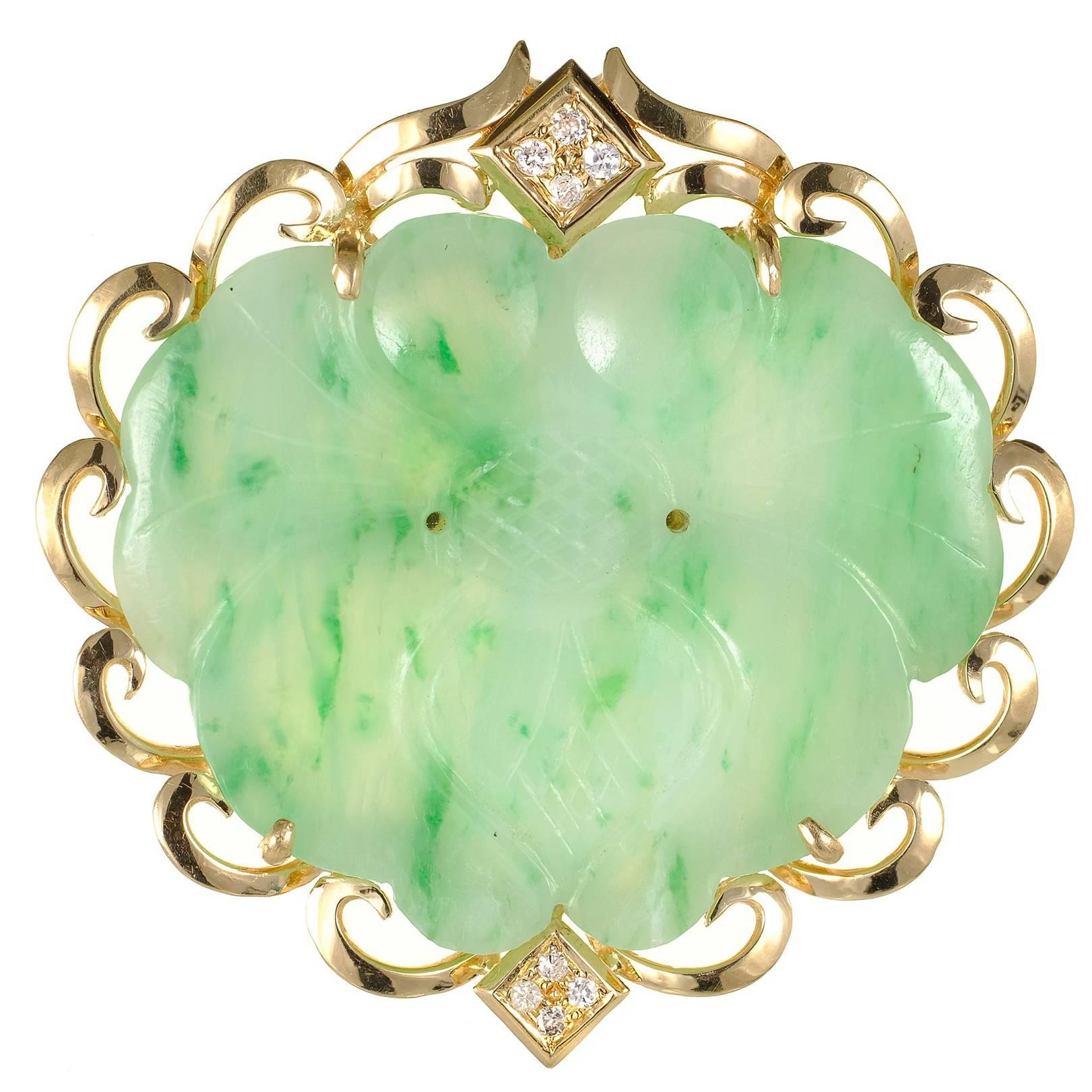 GIA Certified Jadeite Jade Carved Mottled Green Diamond Gold Pendant Brooch