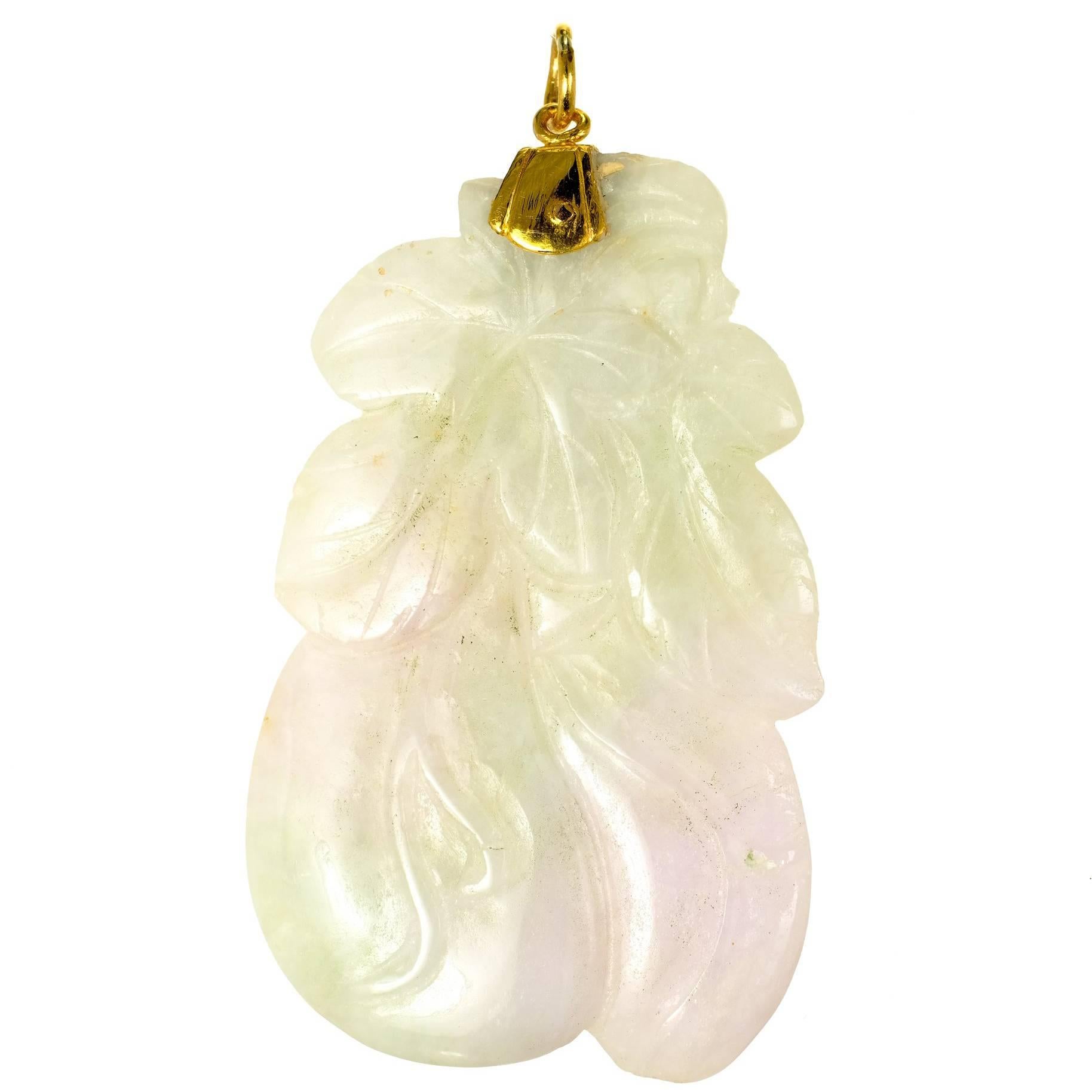 GIA Certified Jadeite Jade Carved Green Light Purple Gold Pendant For Sale