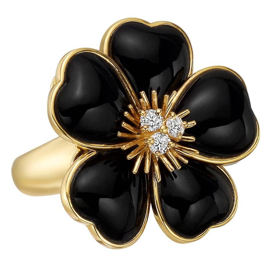 Van Cleef & Arpels Black Onyx Diamond Rose de Noel Ring