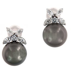 Tahitian Pearl Diamond Platinum Post Earrings