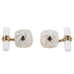 Interwoven Square Cufflinks in Gold, Mother-of-Pearl, White Agate Sapphires