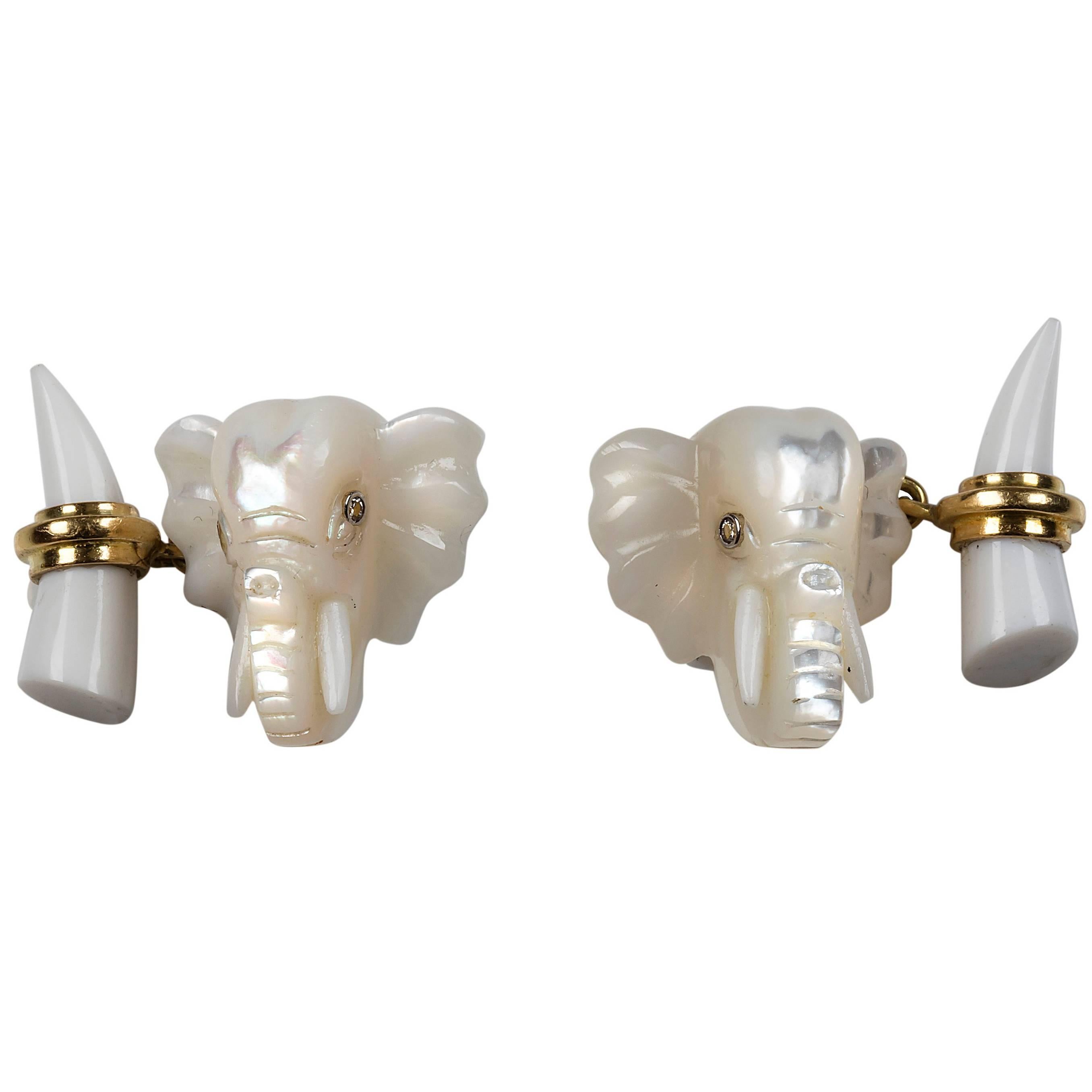 Elephant Gold Cufflinks in Mother-of-Pearl and White Agate