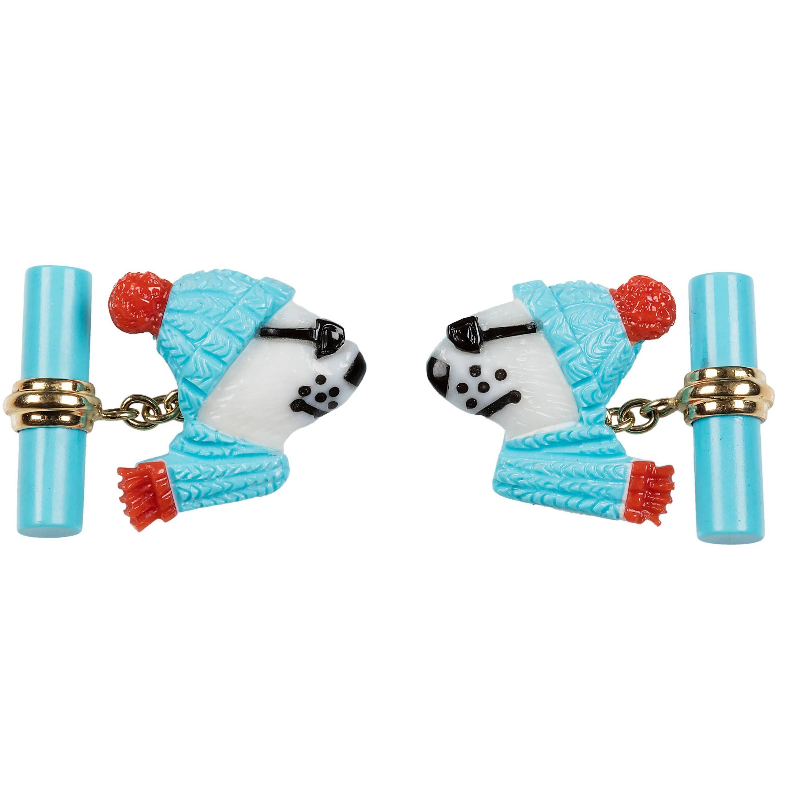 Polar Bear Cufflinks in White Coral Turquoise and Gold