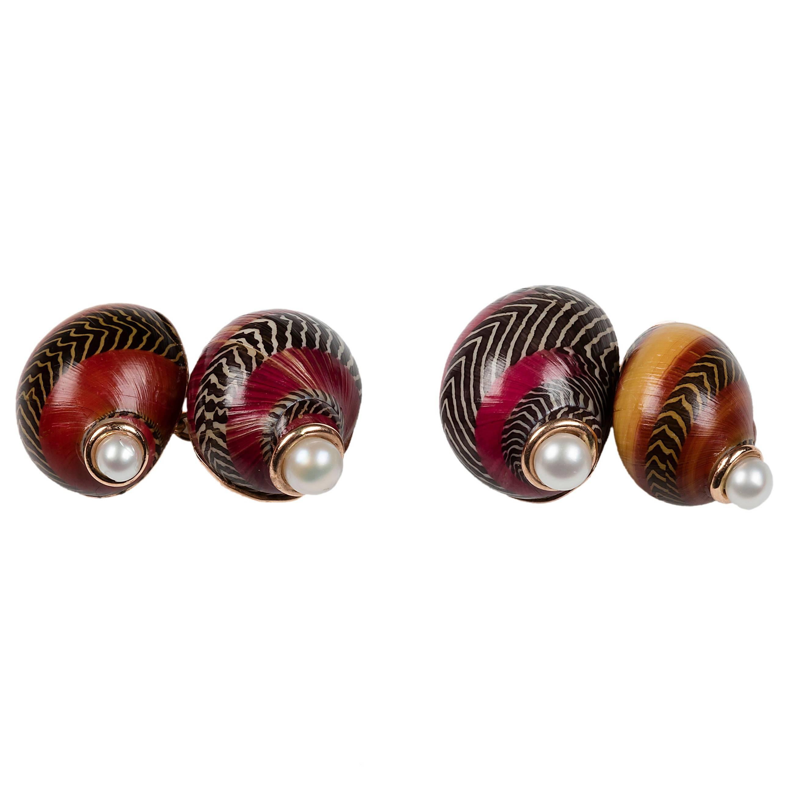 Red Nerita Shell Gold Cufflinks with Pearls