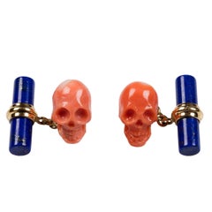 18 Karat Yellow Gold Skull Mediterranean Coral and Lapis Lazuli Cufflinks 