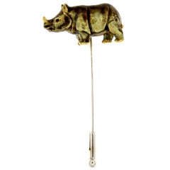 18 Karat Yellow Gold Rhinoceros Brooch Enamelled