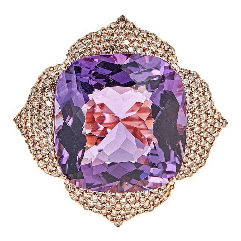 25.89 Carat Cushion Amethyst, 1.50 Carat Champagne Diamond and Rose Gold Ring For Sale
