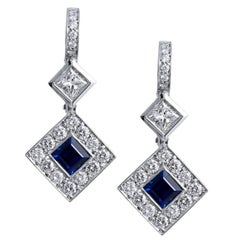 1.27 Carat Square Blue Sapphire and Princess Cut Diamond Dangle Earrings