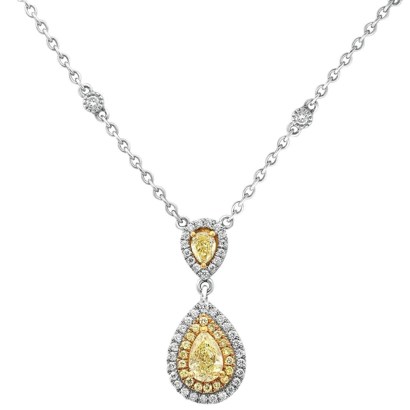 Pear Shaped Diamond Hanging Pendant Necklace with Double Halo in Two-Tone Gold For Sale
