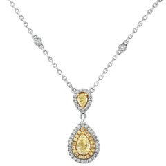 Pear Shaped Diamond Hanging Pendant Necklace with Double Halo in Two-Tone Gold