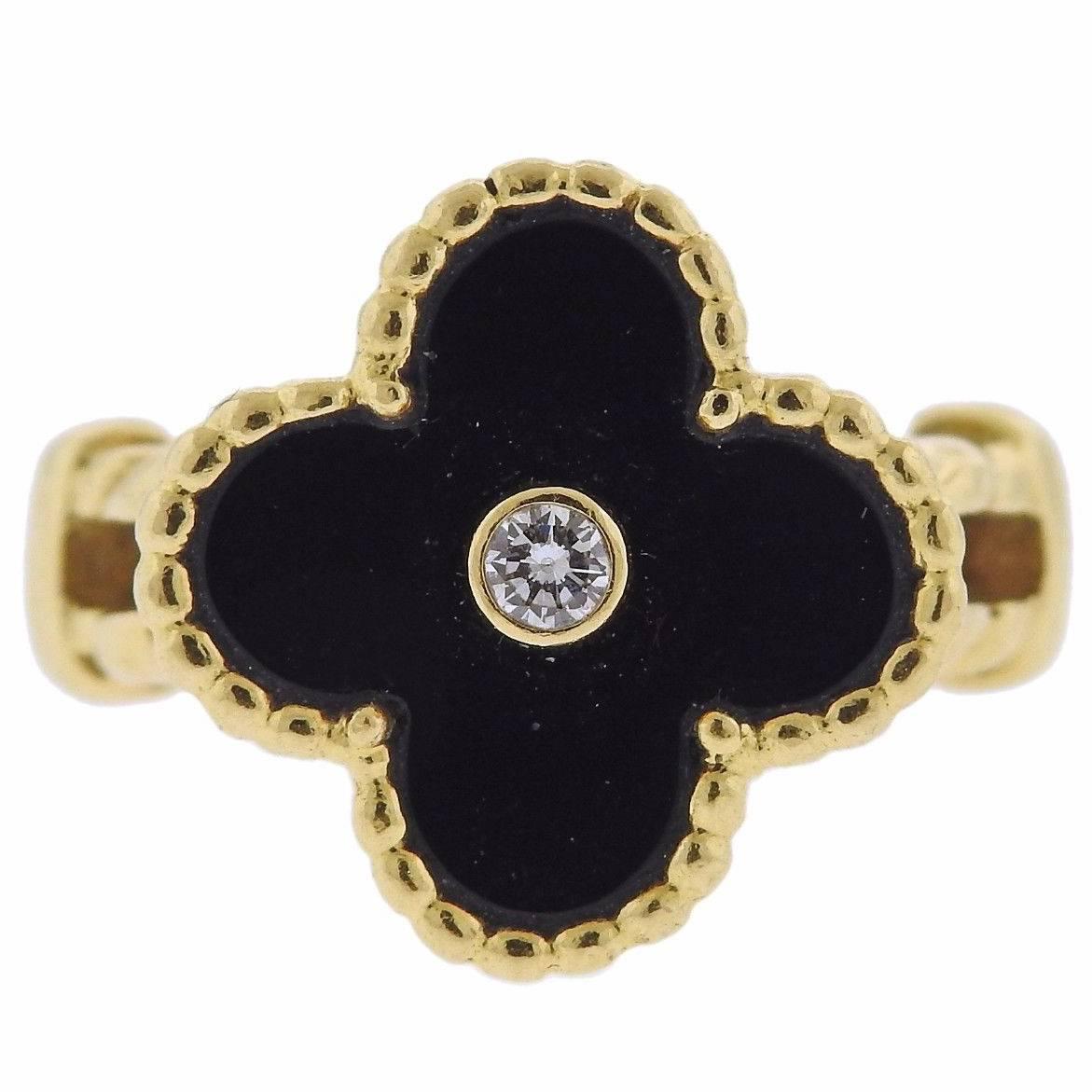 Van Cleef & Arpels Alhambra Onyx Diamond Gold Ring For Sale