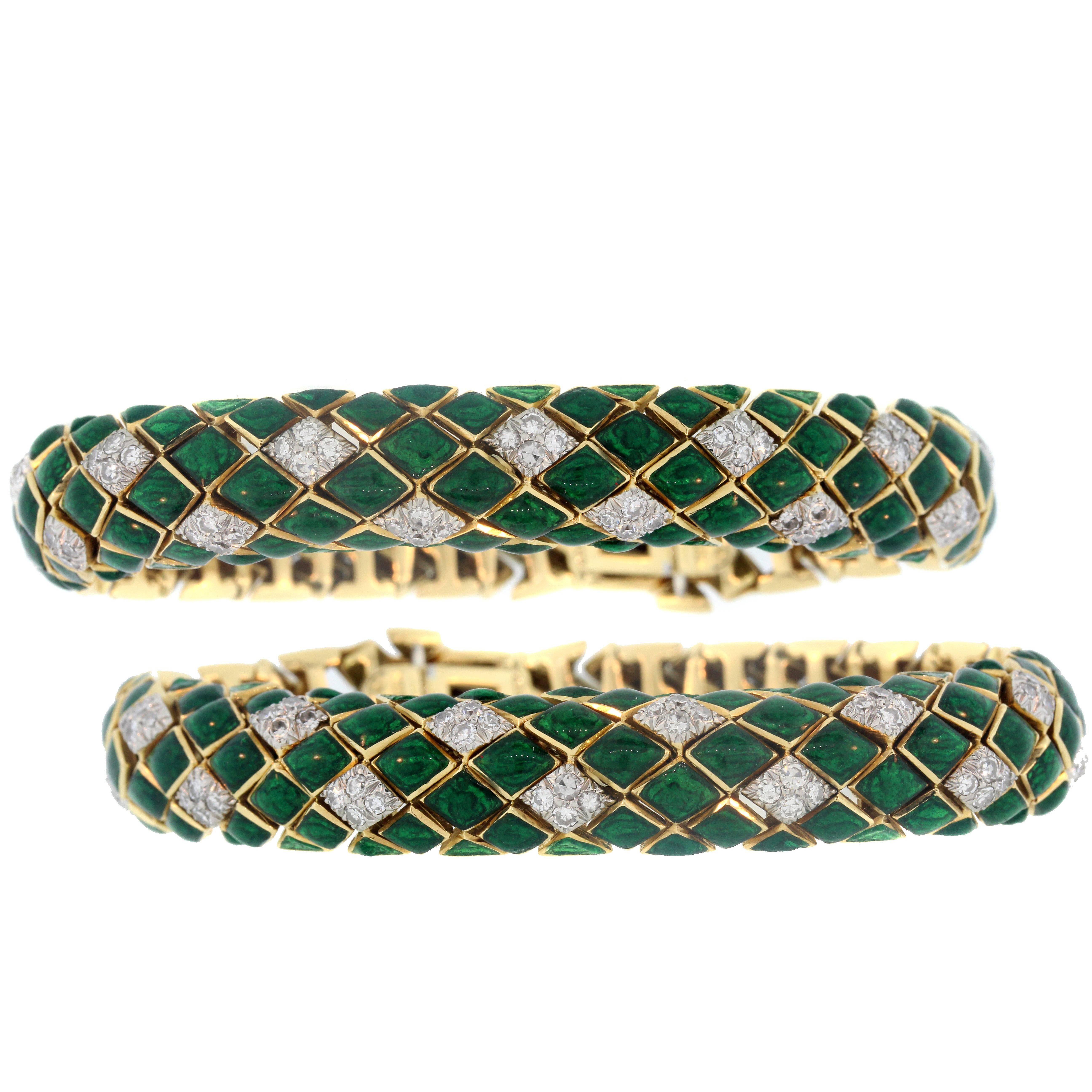 David Webb Green Enamel Diamond Gold Snake Bracelet Set