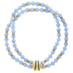 Blue Agate Bead Necklace with a Sapphire Set Gold Clasp