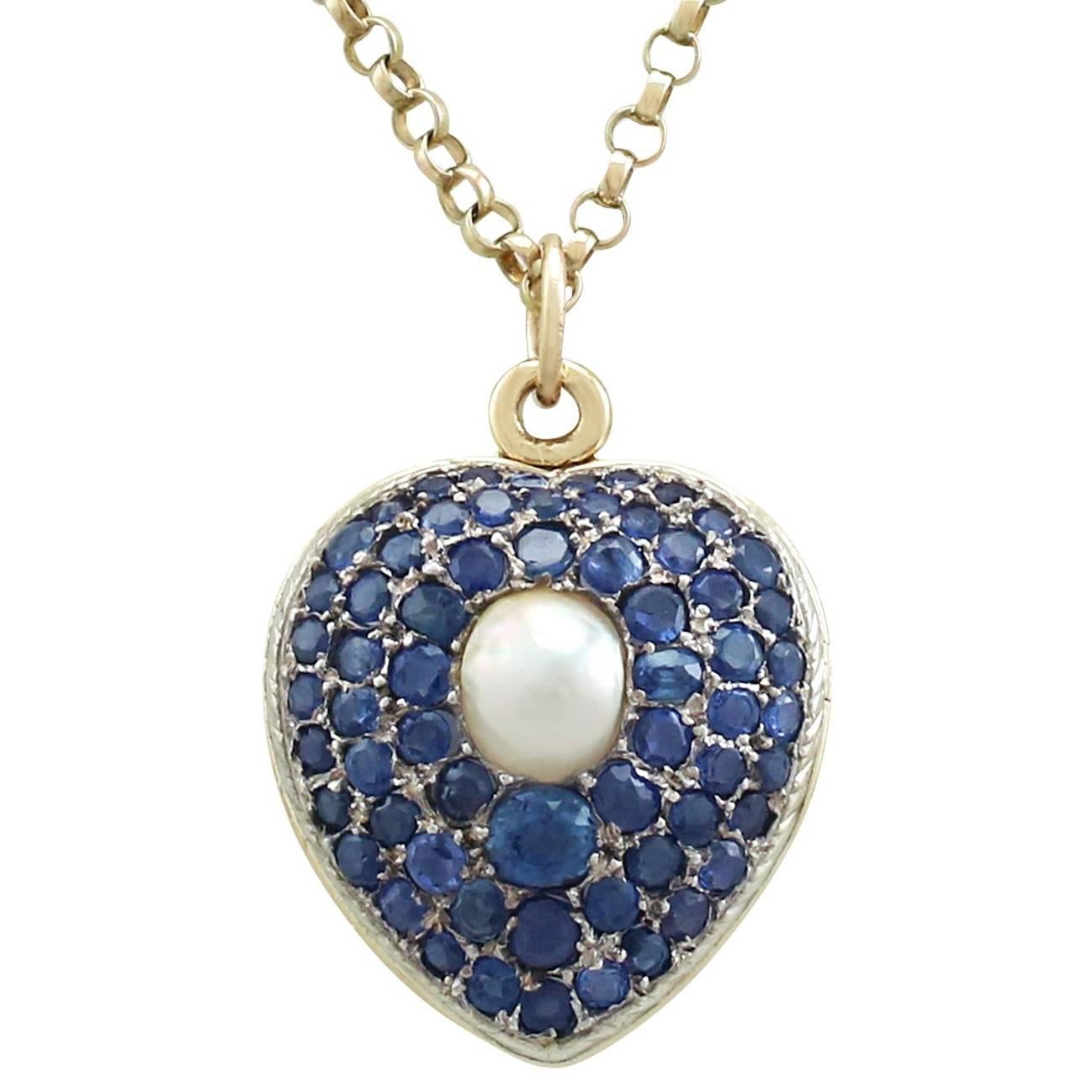 Antique Pearl and 3.49 Carat Sapphire 18 Karat Yellow Gold Heart Locket