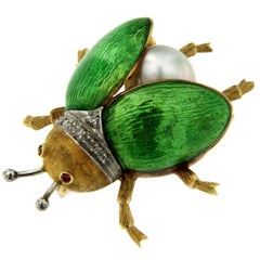 Green Enamel Pearl Diamond Gold Fly Brooch