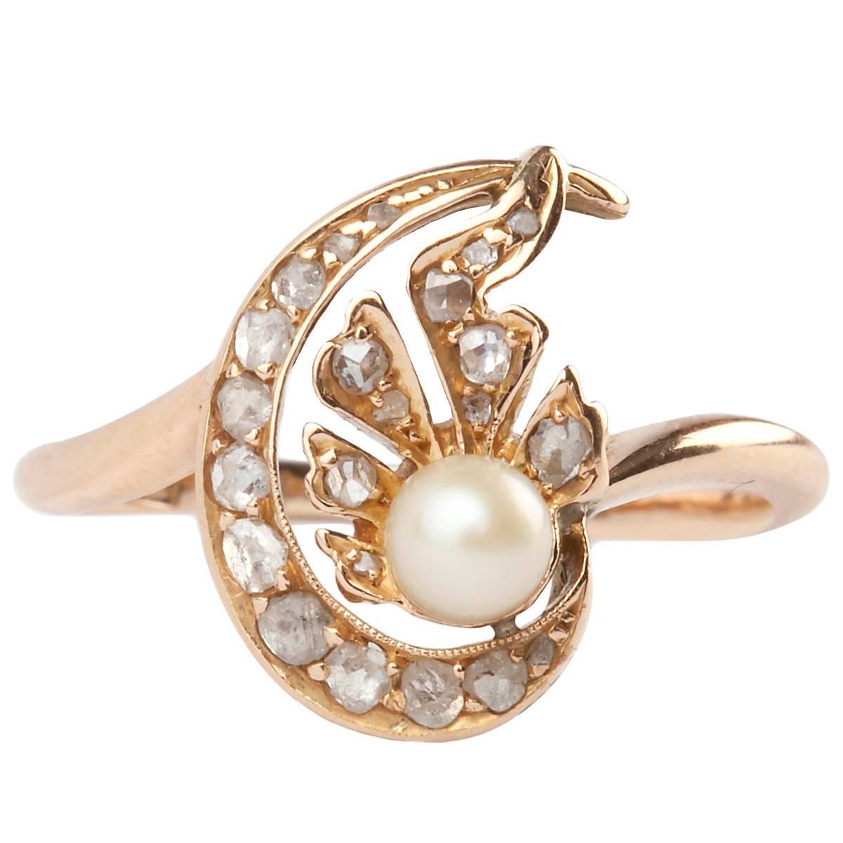 18 Karat Rose-Cut Diamond and Cultured Pearl Edwardian Ring For Sale