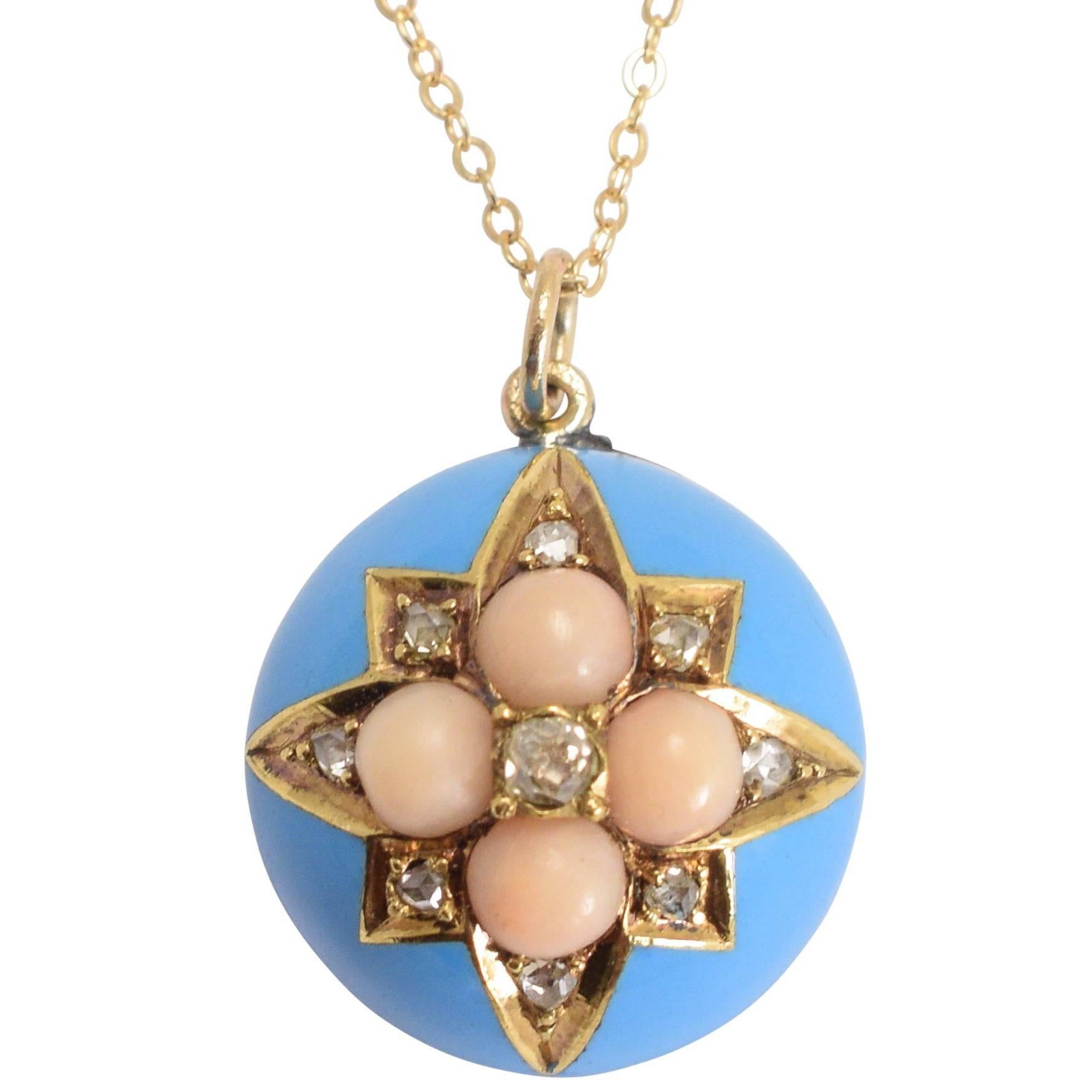 Victorian Coral Diamond Enamel Hemisphere Pendant