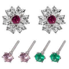 Floral Motif Interchangeable Diamond Earrings Set with Heart Shape Diamonds