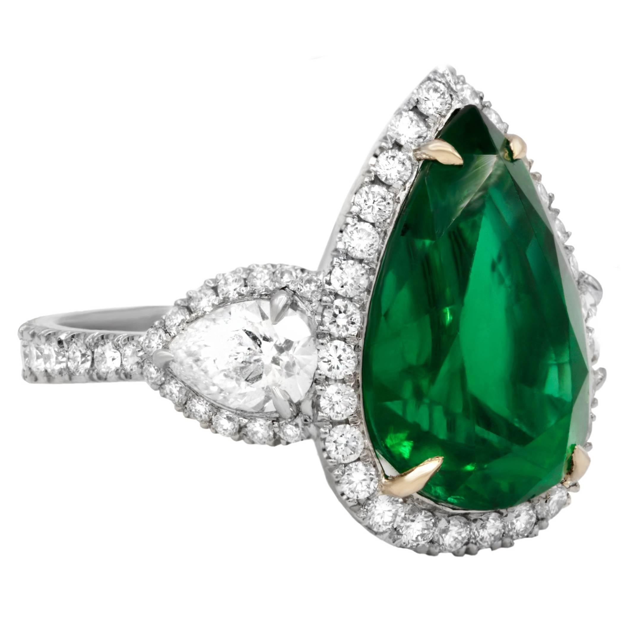 GIA Certified 8.78 Carat Green Emerald Pear Shaped Platinum Ring with Diamonds For Sale