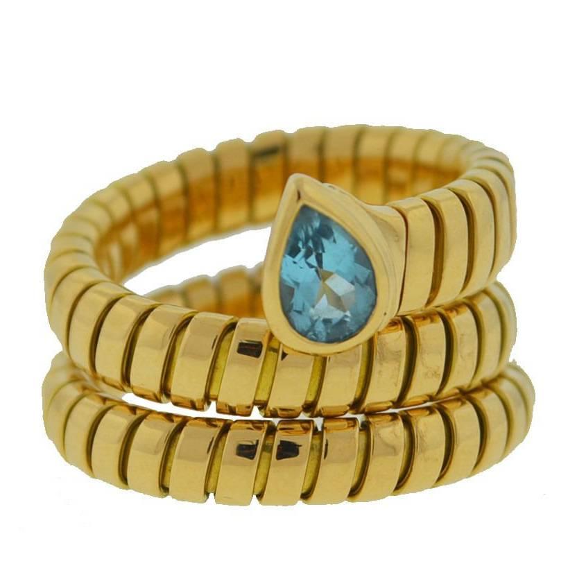 Bulgari Bvlgari 18 Karat Yellow Gold Tubogas Serpenti Snake Wrap Blue Topaz Ring