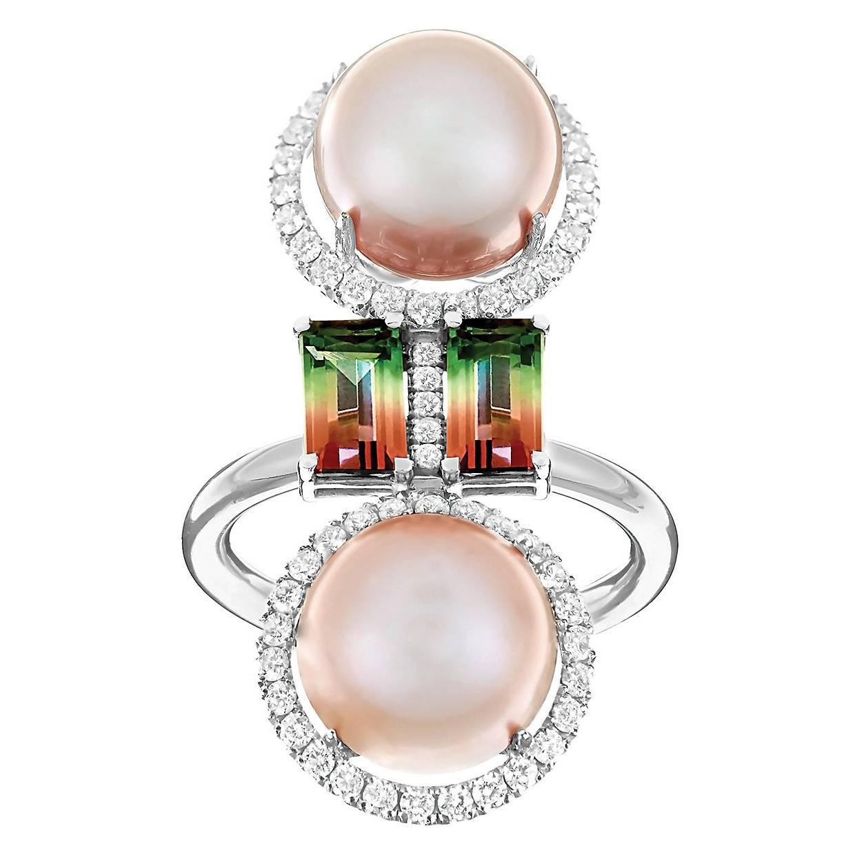 Nadine Aysoy 18 Karat Gold Double South Sea Pearl and Tourmaline Diamond Ring For Sale