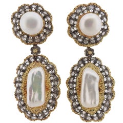 Buccellati Rose Cut Diamond Pearl Gold Night and Day Earrings