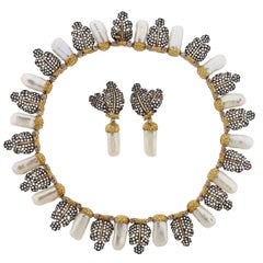 Buccellati Rose Cut Diamond Pearl Gold Necklace Earrings Suite