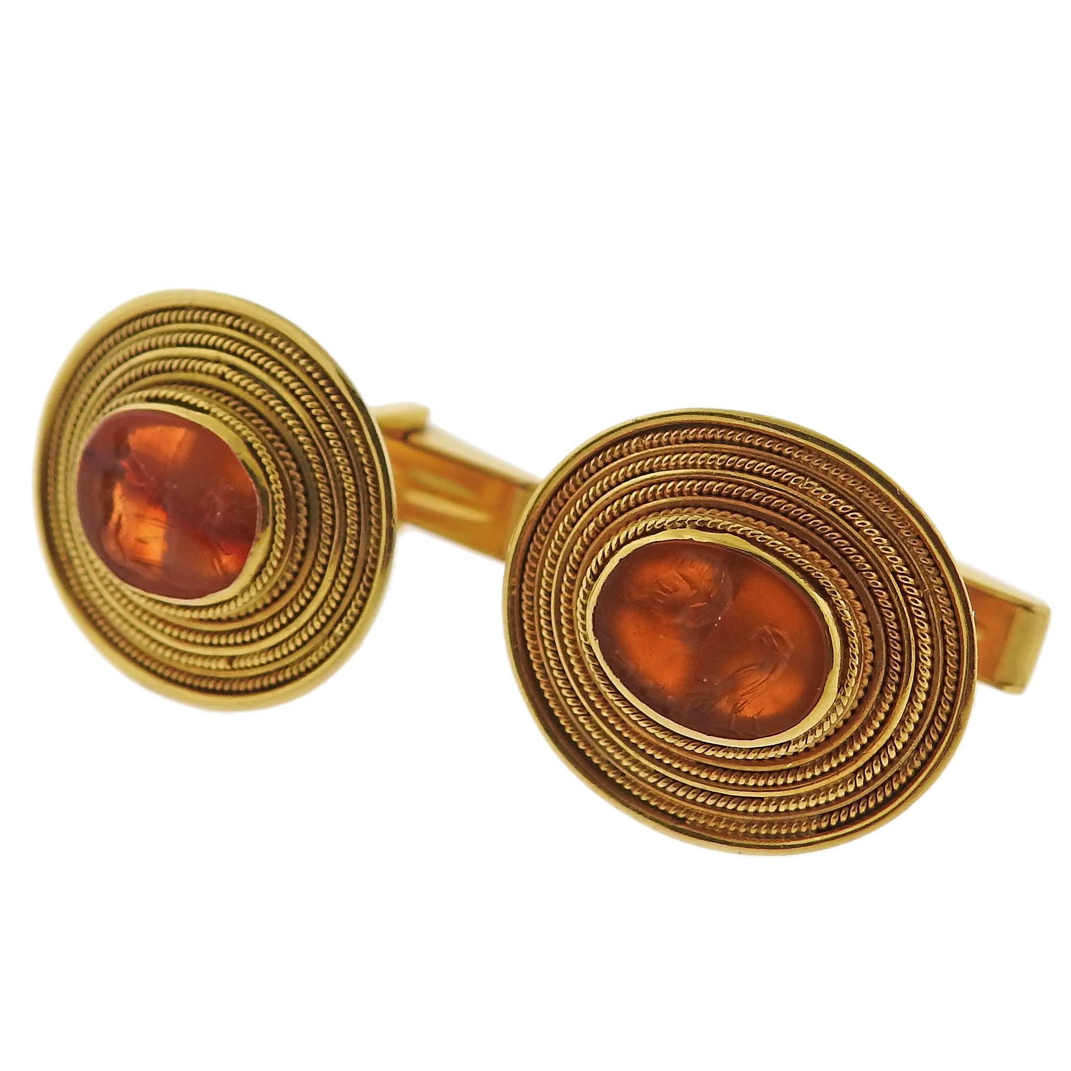 Ancient Roman Hardstone Intaglio Gold Archaeological Cufflinks