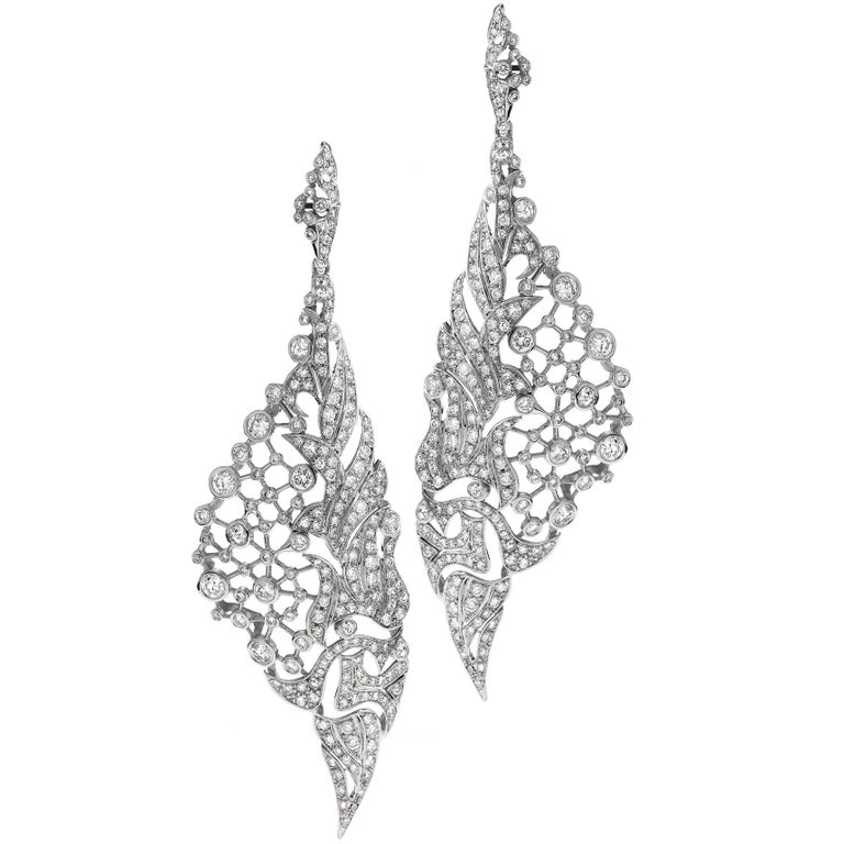 Pave Diamond Leaf Motif Drop Earrings For Sale