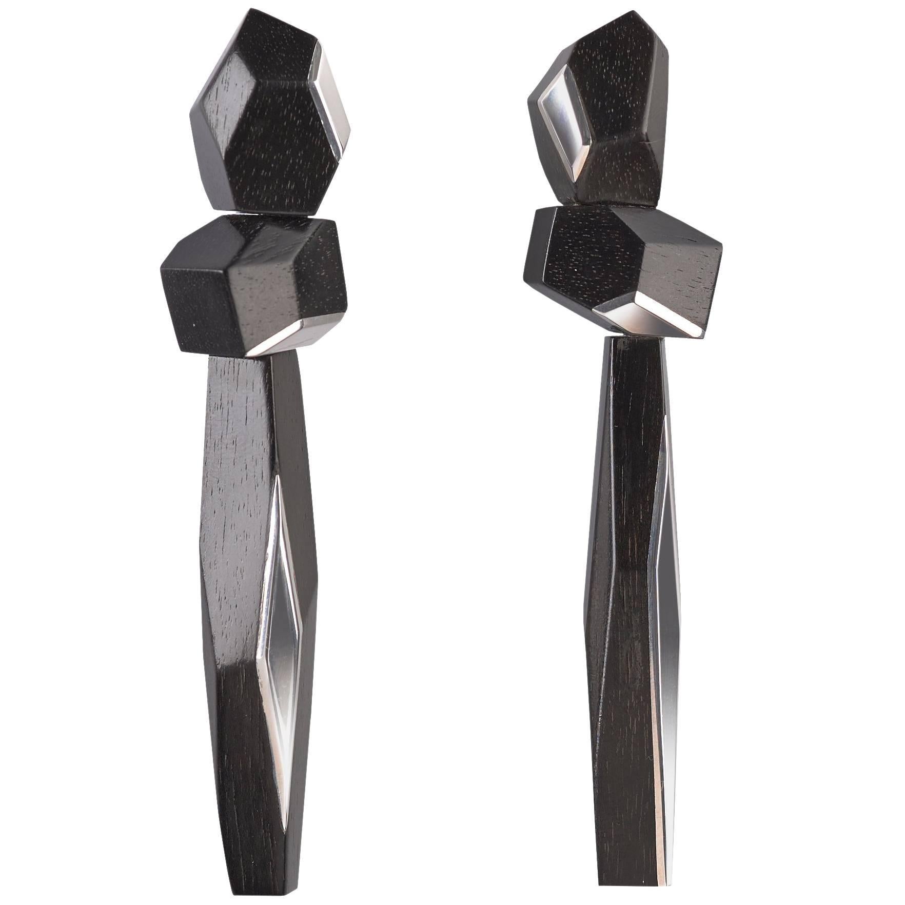 Matar Hand-Carved Jet Black Ebony Block Earrings with Sterling Silver Inlays For Sale
