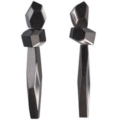 Matar Hand-Carved Jet Black Ebony Block Earrings with Sterling Silver Inlays