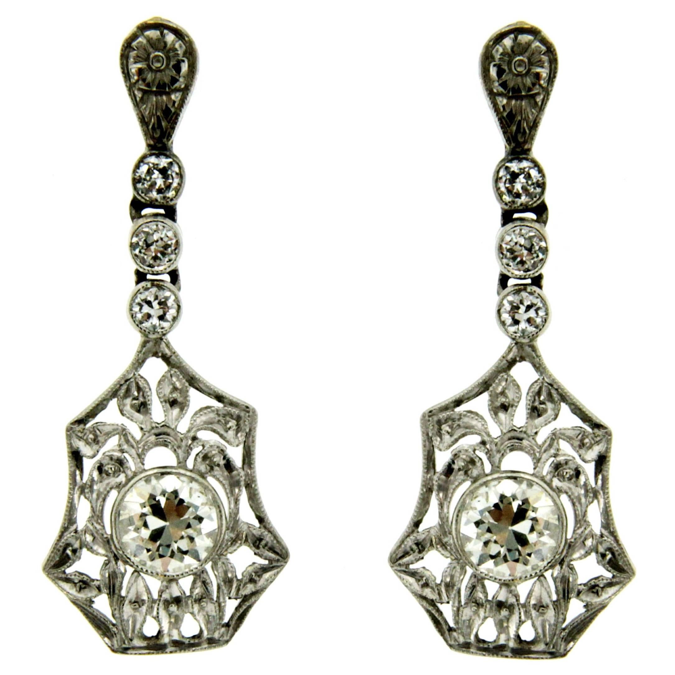 Art Deco Diamond Gold Drop Earrings, 1930s