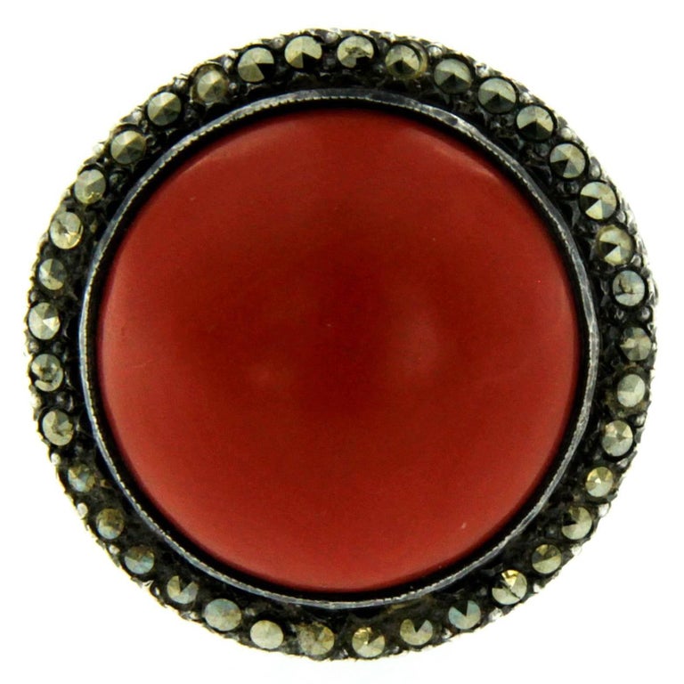Antique Red Coral Hematite Ring at 1stDibs