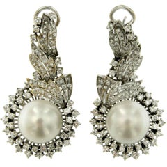 3.50 Carat Diamond Pearl Gold Drop Earrings 3.50 Carat Diamond Pearl Gold Drop Earrings