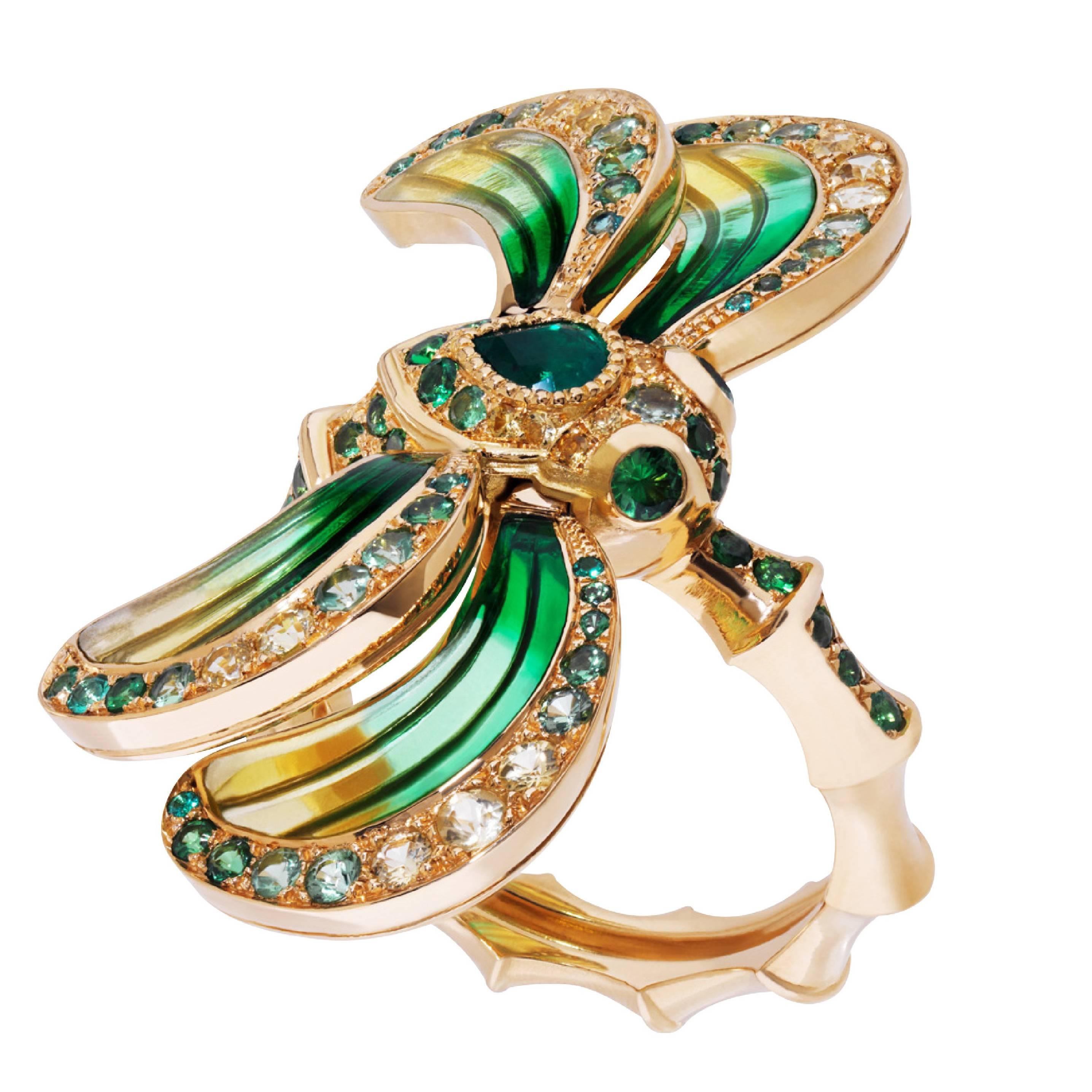 Lalique Libellule Emerald and Yellow Gold Ring For Sale