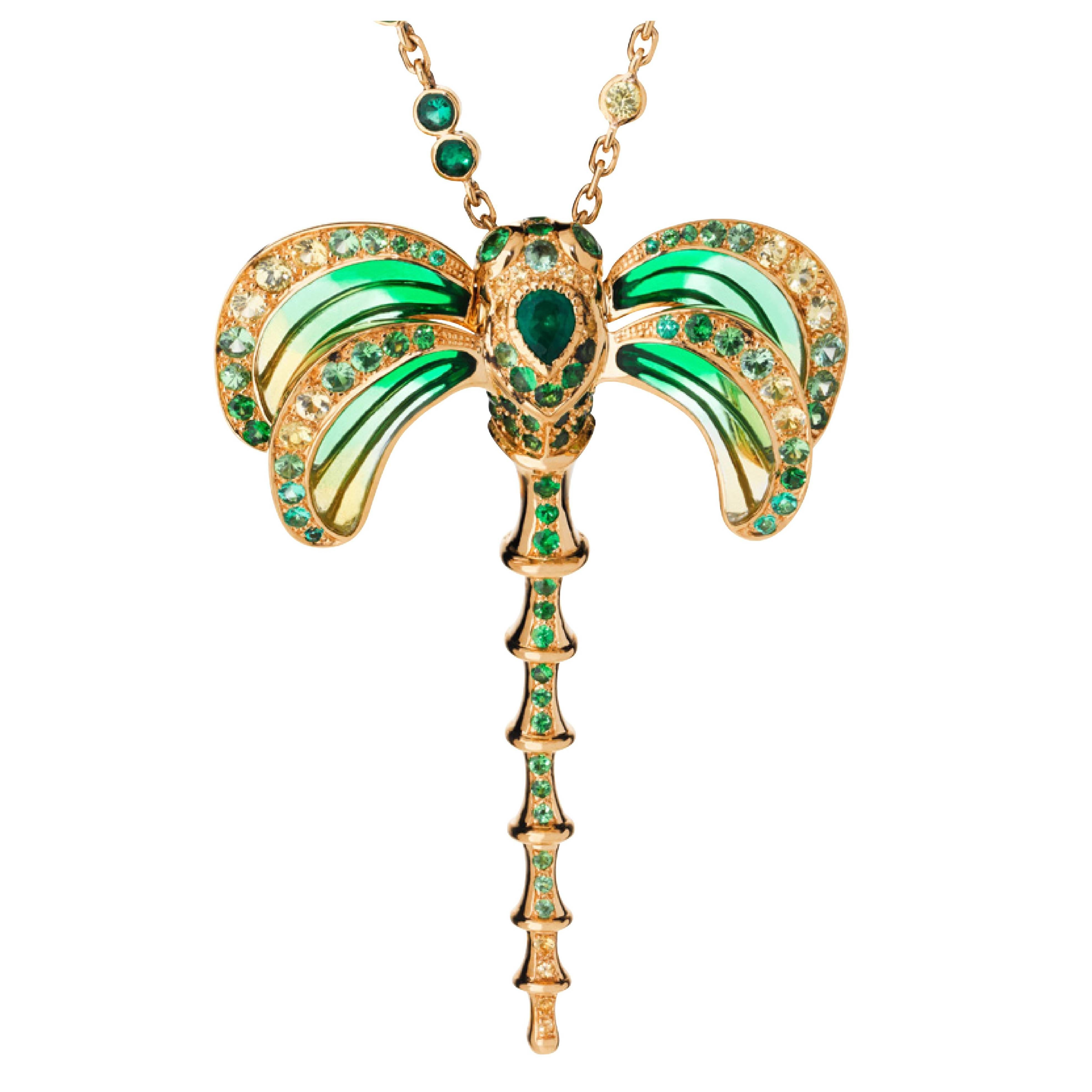 Lalique Libellule Emerald and Yellow Gold Pendant Necklace For Sale