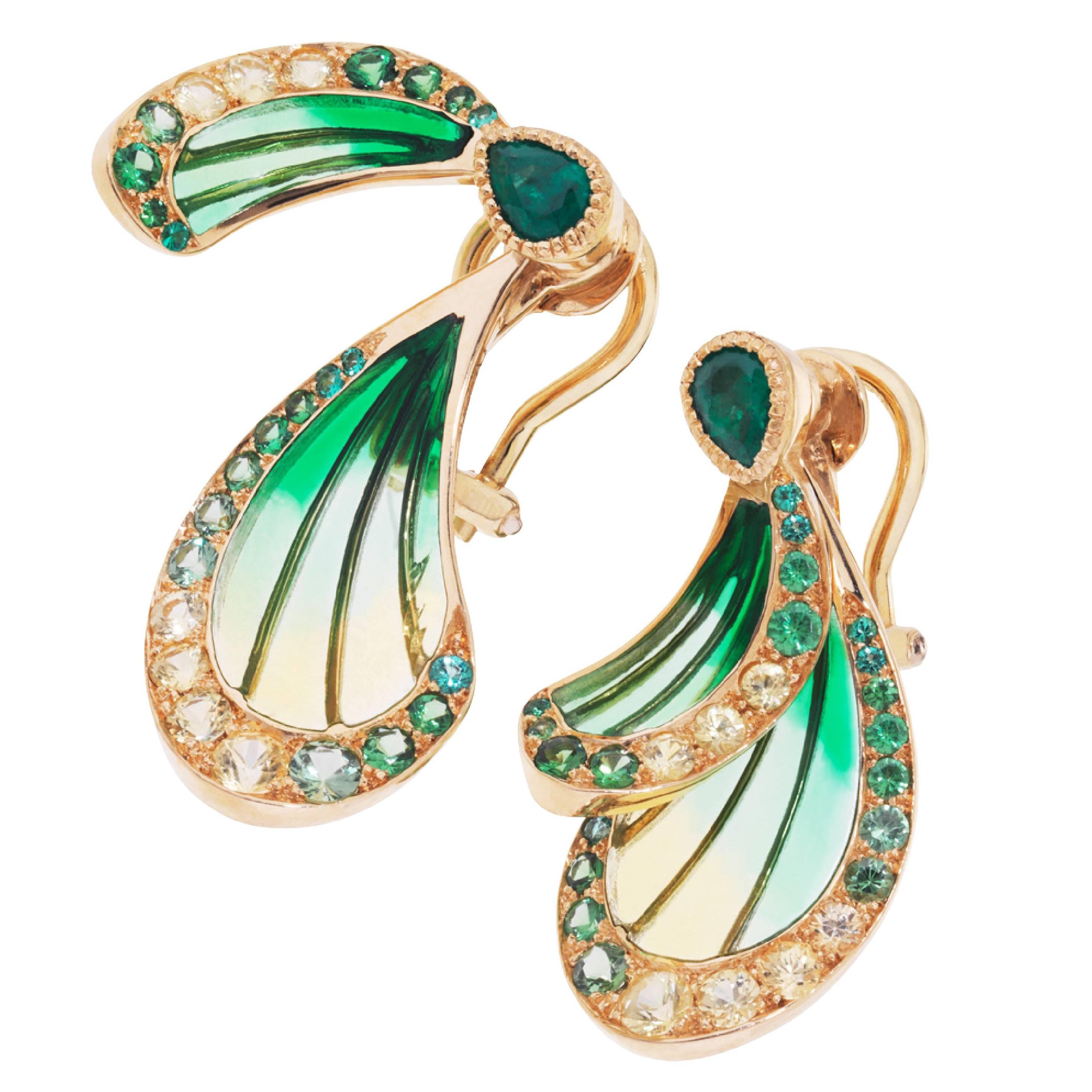Lalique Libellule Emerald and  Yellow Gold Earrings For Sale