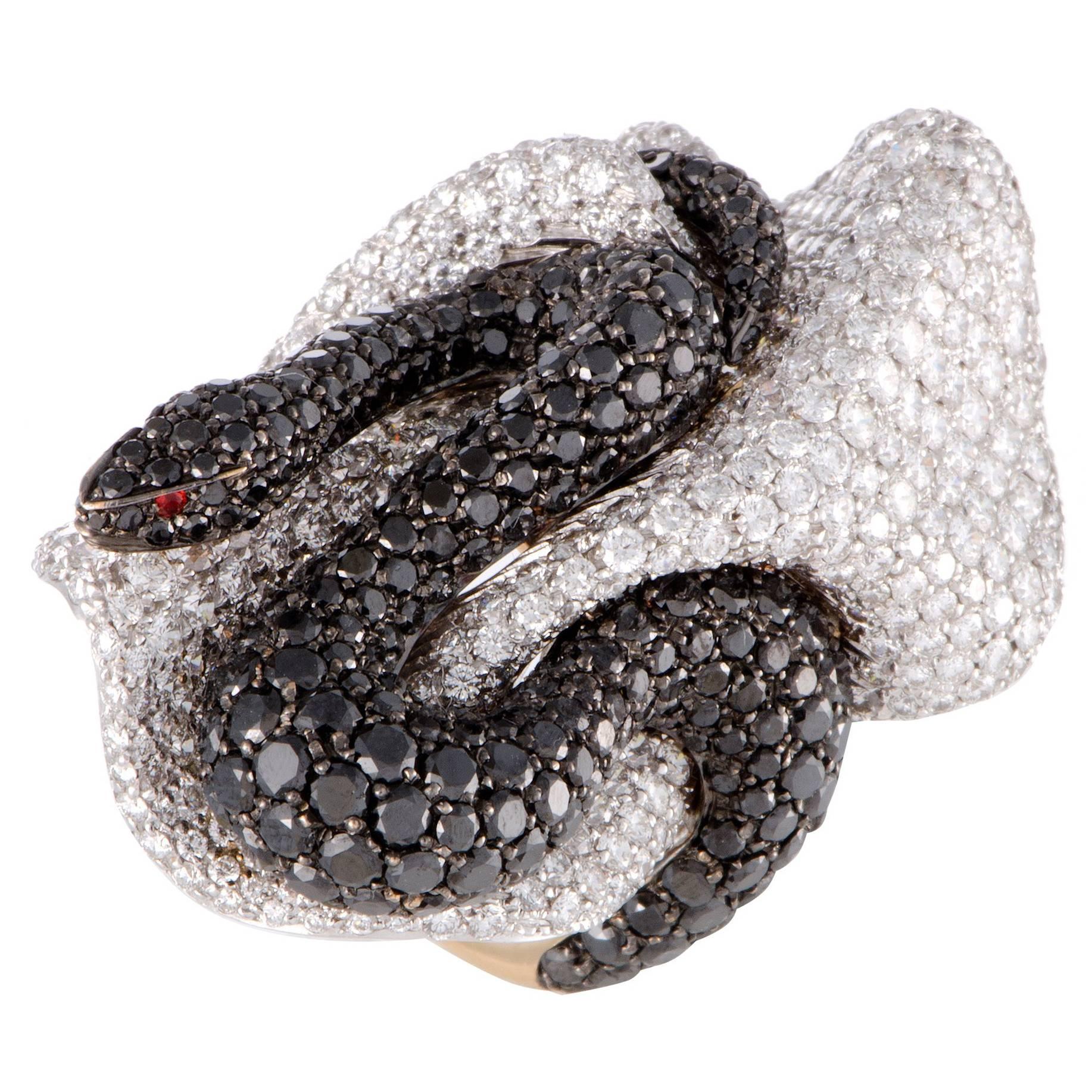 Palmiero White and Black Diamond Pave Snake Gold Cocktail Ring