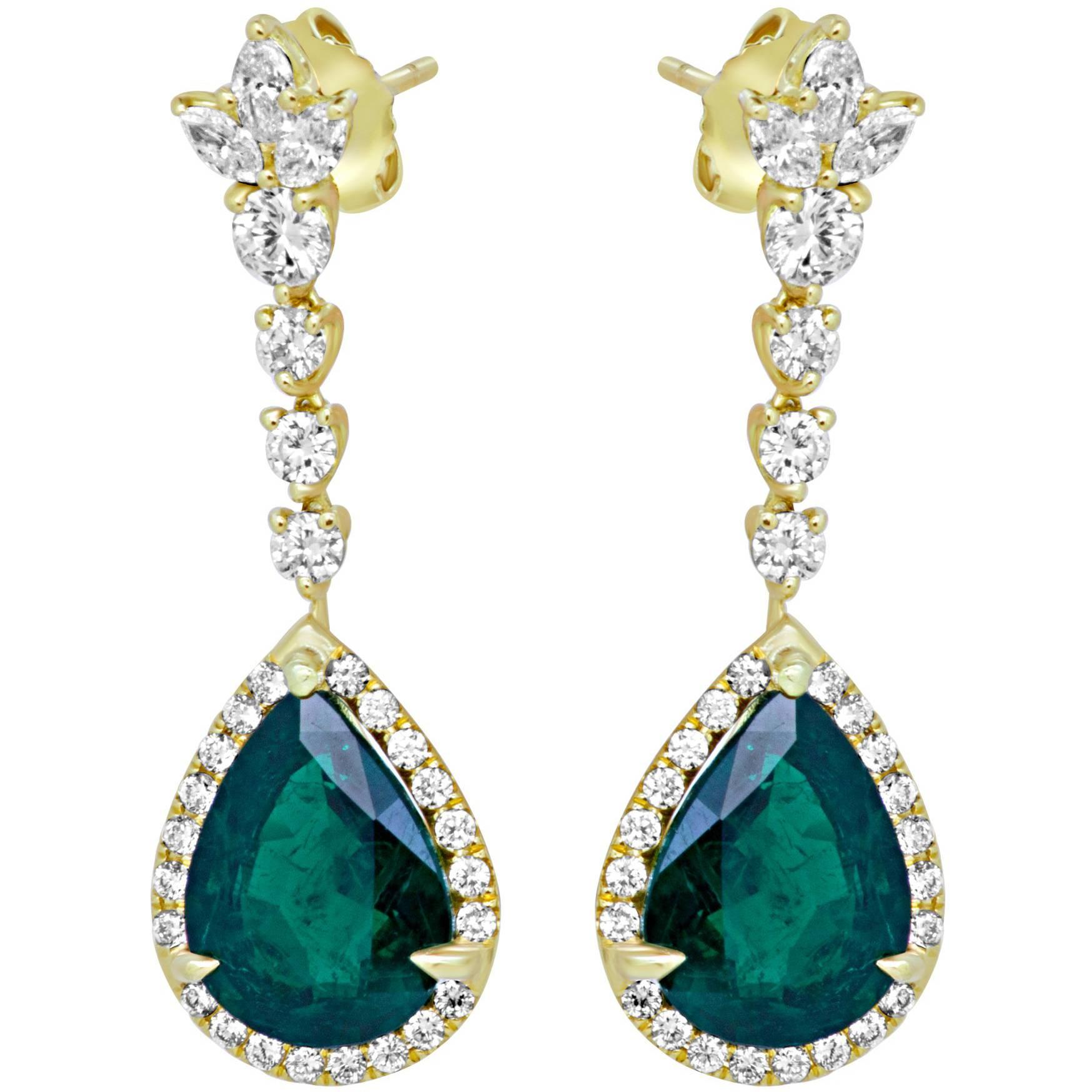 7.06 Carat Emerald Diamond Halo Dangling Gold Earring